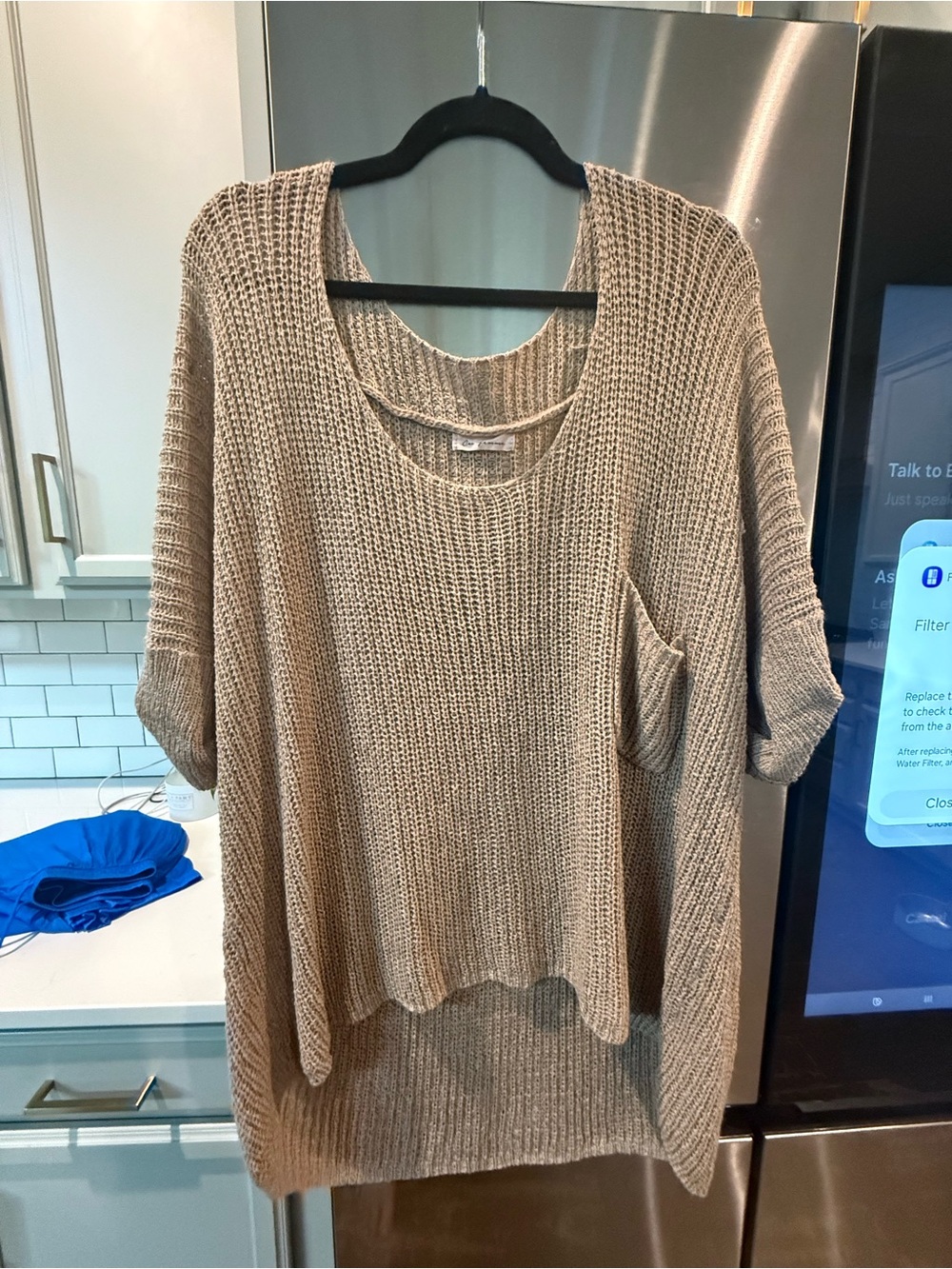 Free People Beige Scoop Neck Open Knit Pocket Sweater